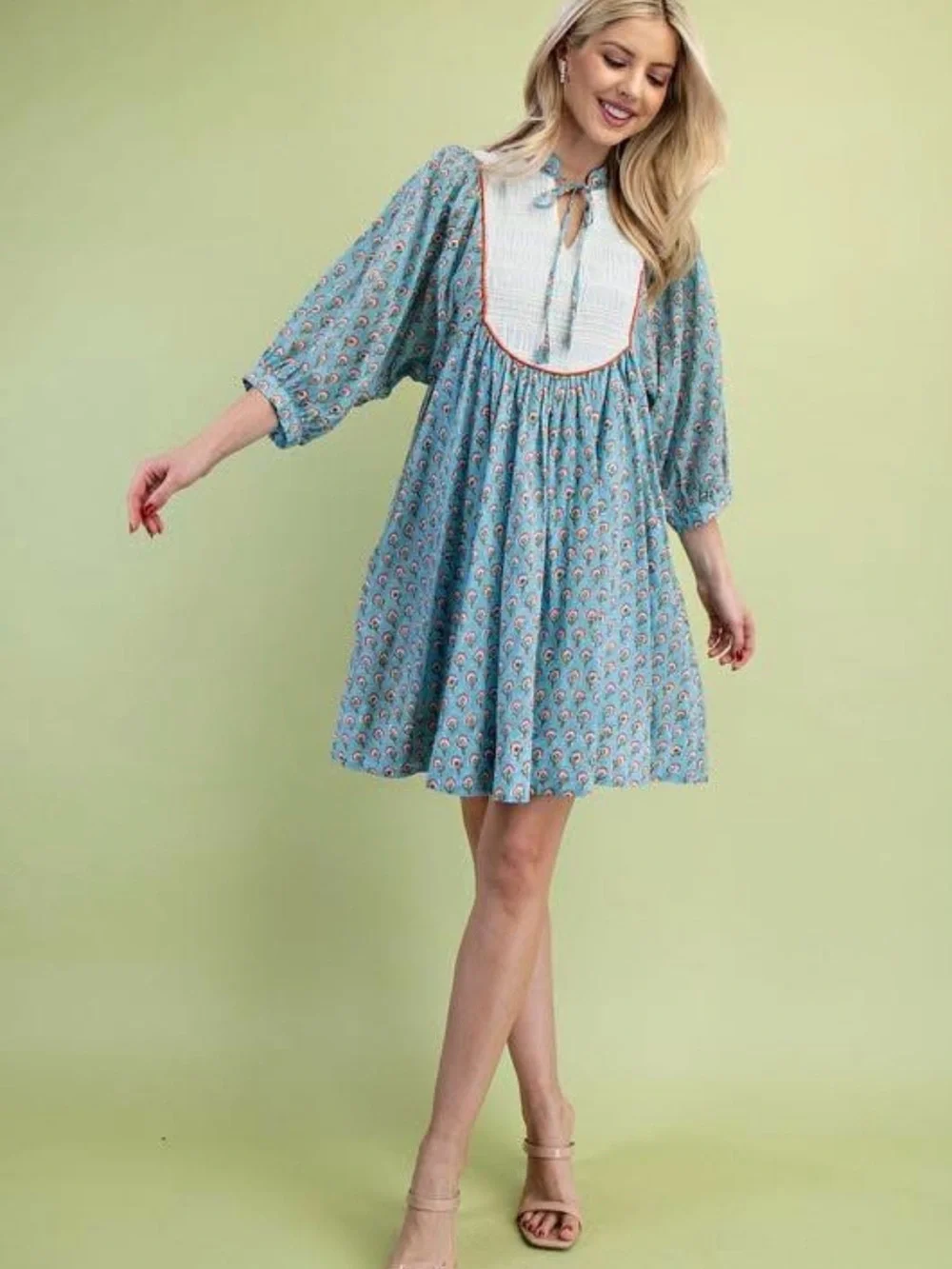 Indian Block Print Blue Printed Peasant Mini Dress with Smocked Bib - Picture 2 of 8